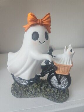 Ghost Figurine on Bicycle with Orange Bow And Cat Ghost In Basket 8 X 10 In